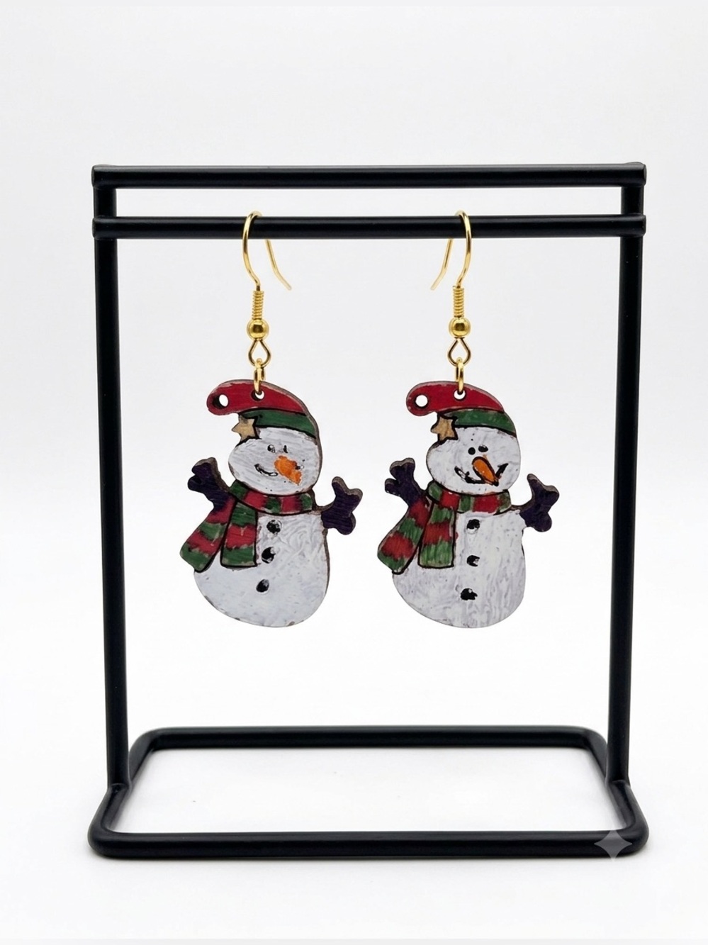 New Artisan Handmade Wooden Hand Painted 9k Gold Snowman Dangle Earrings